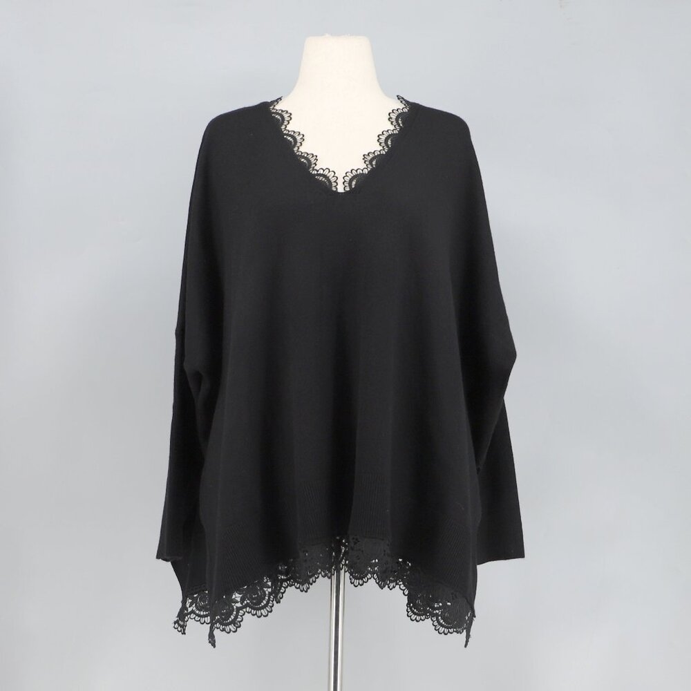 NWT CHICO'S Lace Trim V-Neck Poncho Sweater in Black Size L/XL